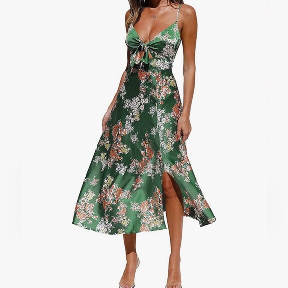 Women Spaghetti Strap Midi Satin Dresses Tie Front, Split Hollow Dress Green XL - Picture 2 of 9